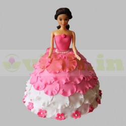 White & Pink Floral Barbie Fondant Cake	